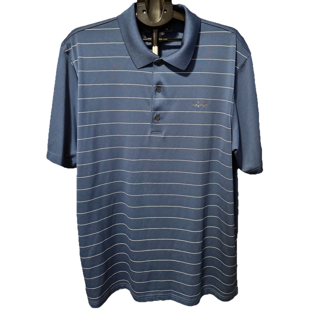 Greg Norman Golf Polo Mens XL Play Dry Blue Stripe Shark Logo Stretch Wicking
